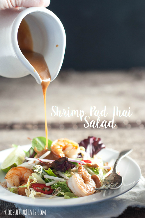 salad, shrimp, shrimp salad, asian salad, pad thai, shrimp pad thai, cilantro, asian food, dinner, lunch, healthy lunch, peanut sauce, peanut salad dressing, 