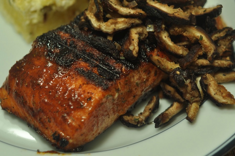 grilled spice rubbed salmon with shiitake relish