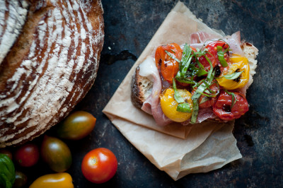 Roasted Tomatos and Prociutto on Rustic Sourdough | FoodsOfOurLives.com